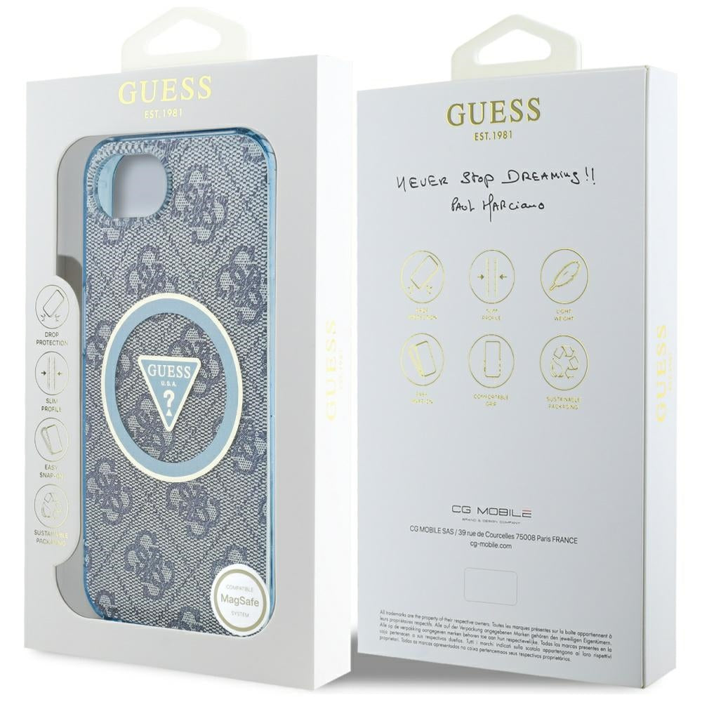 Pouzdro MagSafe pro Apple iPhone 17e / 16e, Guess, IML Glitter 4G Circle Triangle, Modrá
