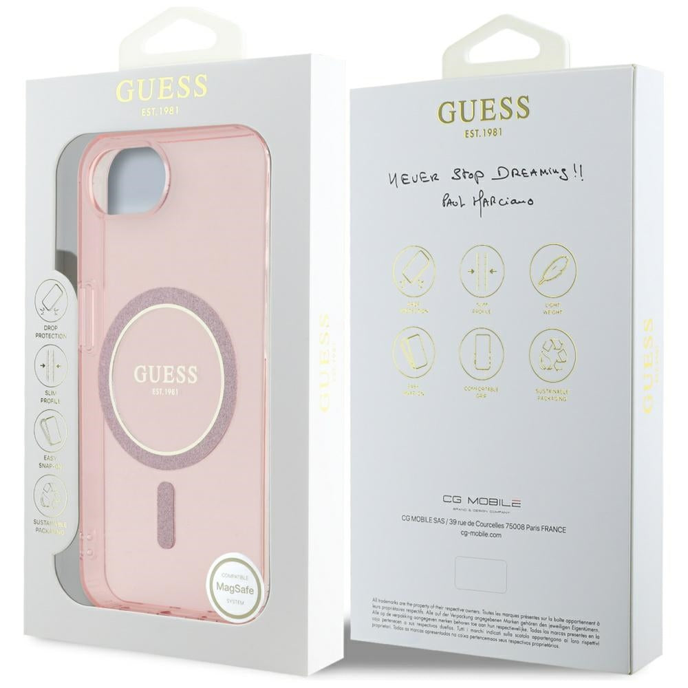Pouzdro MagSafe pro Apple iPhone 17e / 16e, Guess, IML Glitter Circle, Růžové