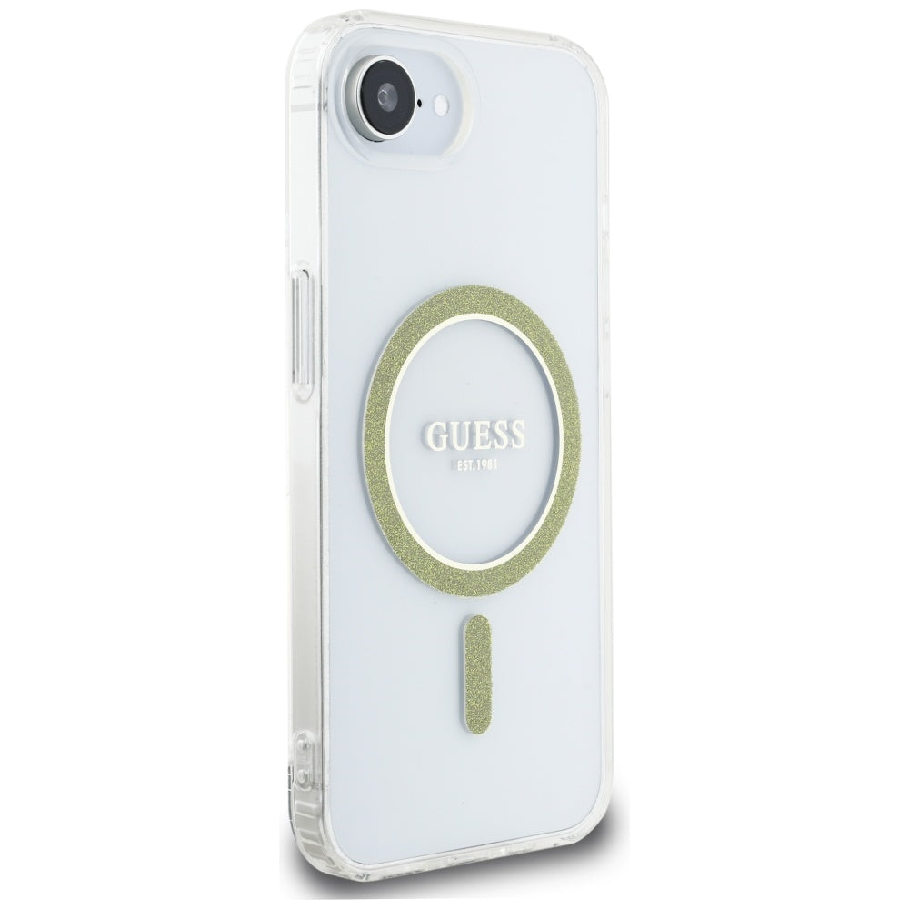 Pouzdro MagSafe pro Apple iPhone 17e / 16e, Guess, IML Glitter Circle, Průhledné