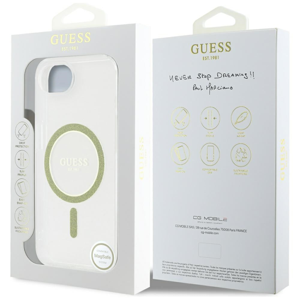 Pouzdro MagSafe pro Apple iPhone 17e / 16e, Guess, IML Glitter Circle, Průhledné