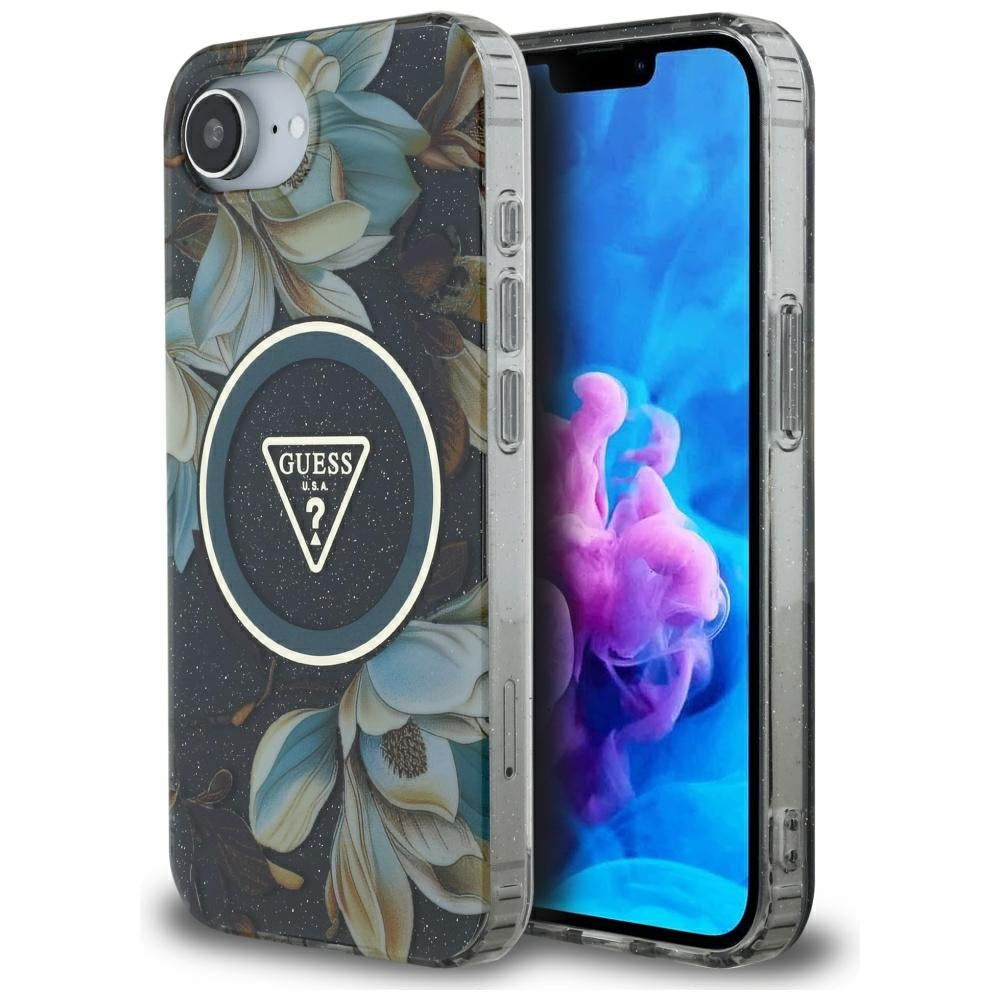 Pouzdro MagSafe pro Apple iPhone 17e / 16e, Guess, IML Metal Glitter Flowers Triangle, Černá