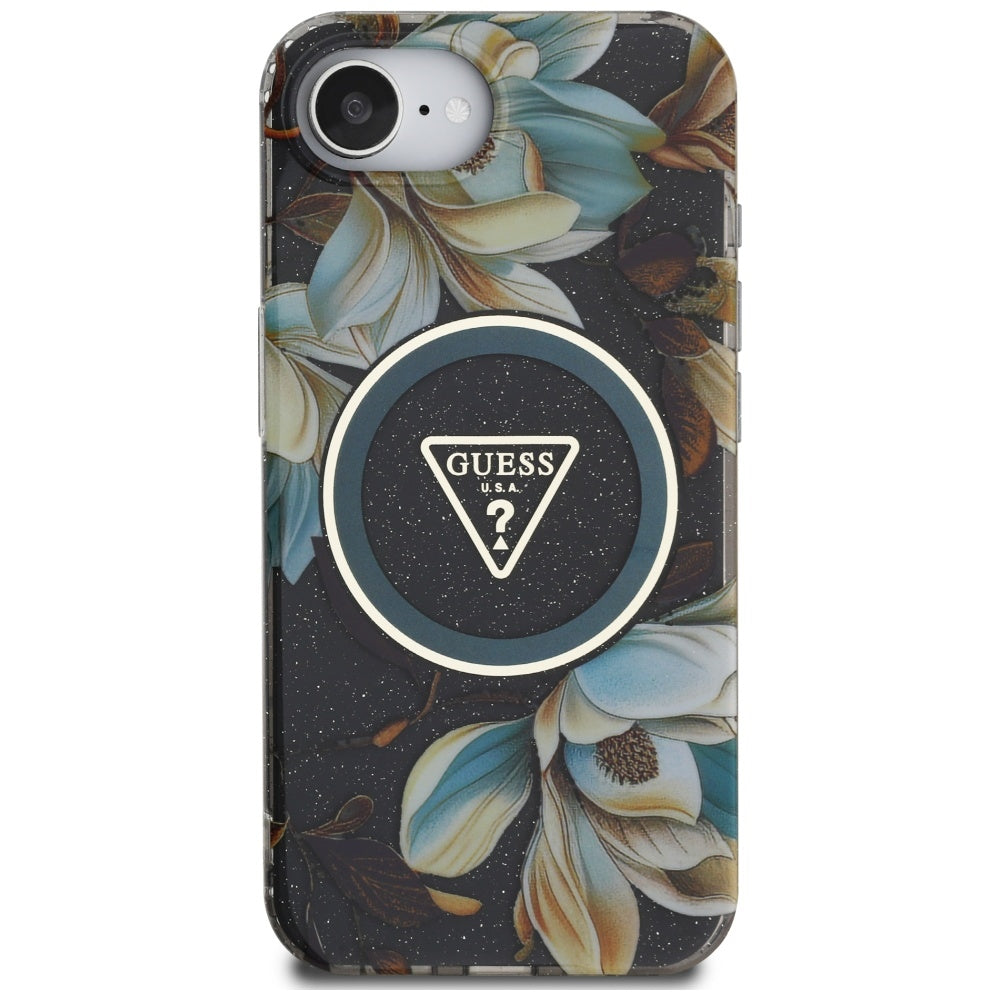 Pouzdro MagSafe pro Apple iPhone 17e / 16e, Guess, IML Metal Glitter Flowers Triangle, Černá
