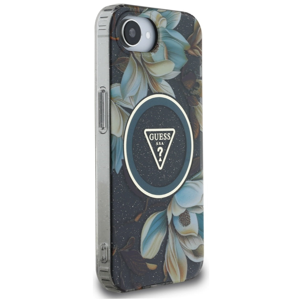 Pouzdro MagSafe pro Apple iPhone 17e / 16e, Guess, IML Metal Glitter Flowers Triangle, Černá