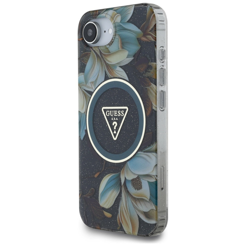 Pouzdro MagSafe pro Apple iPhone 17e / 16e, Guess, IML Metal Glitter Flowers Triangle, Černá