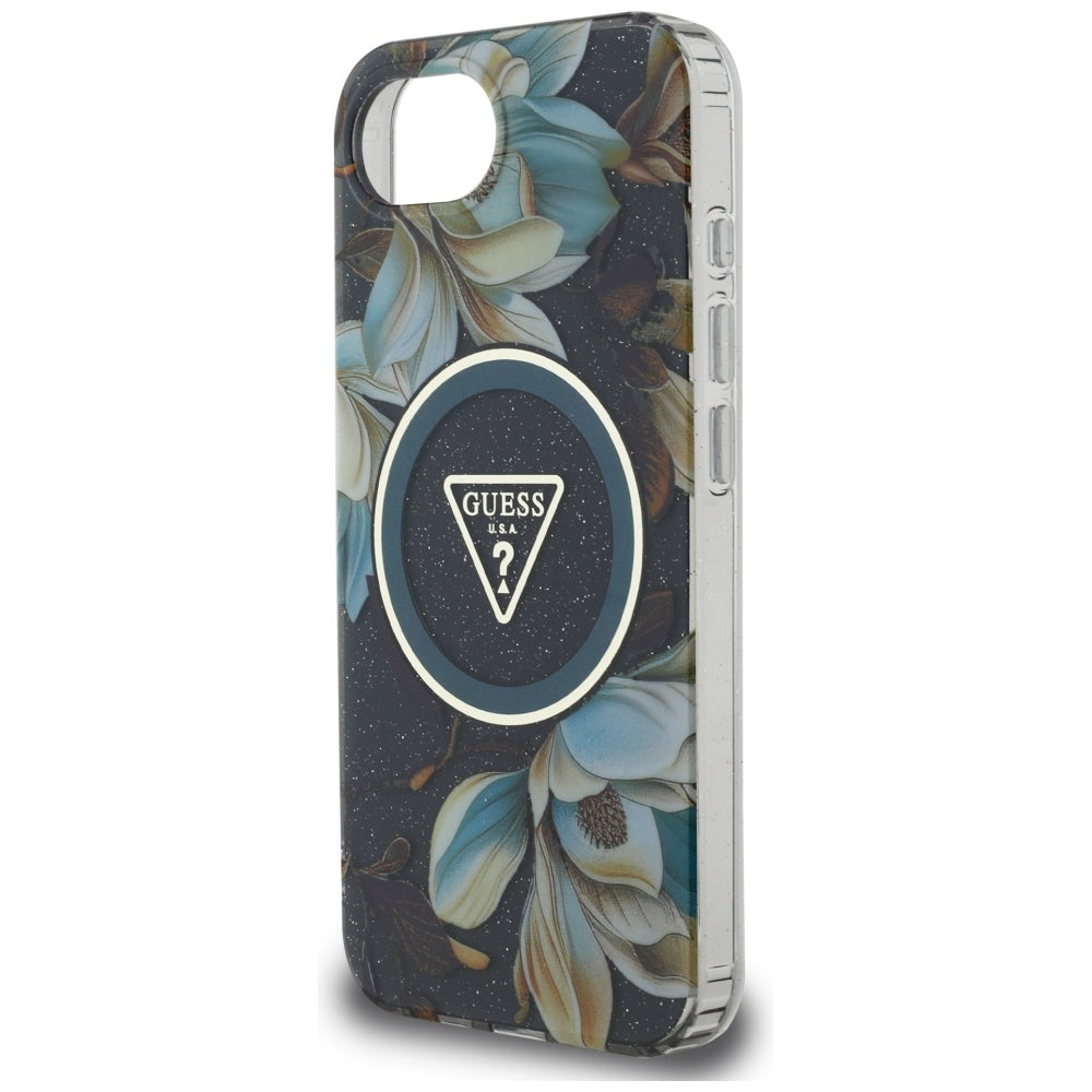 Pouzdro MagSafe pro Apple iPhone 17e / 16e, Guess, IML Metal Glitter Flowers Triangle, Černá