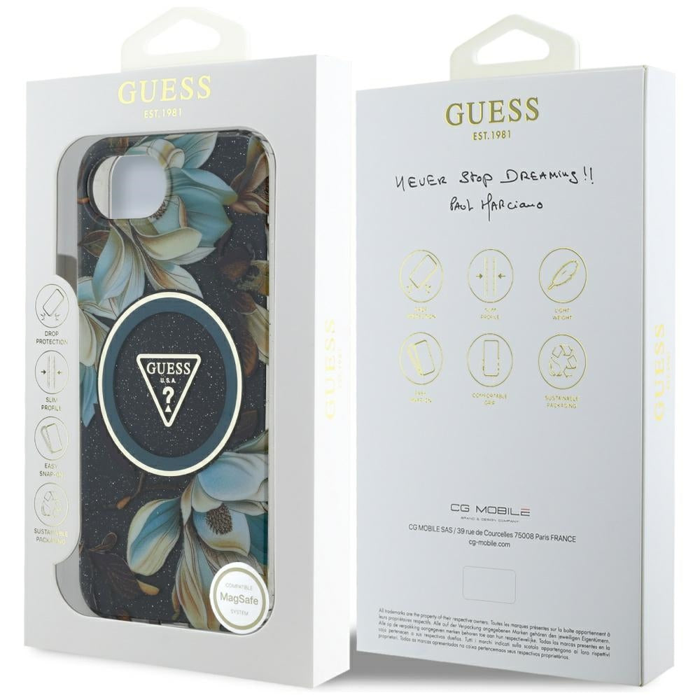 Pouzdro MagSafe pro Apple iPhone 17e / 16e, Guess, IML Metal Glitter Flowers Triangle, Černá