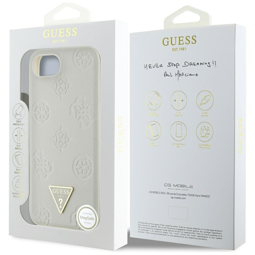 Pouzdro MagSafe pro Apple iPhone 17e / 16e, Guess, Peony Grained Hot Stamp Triangle, Béžová