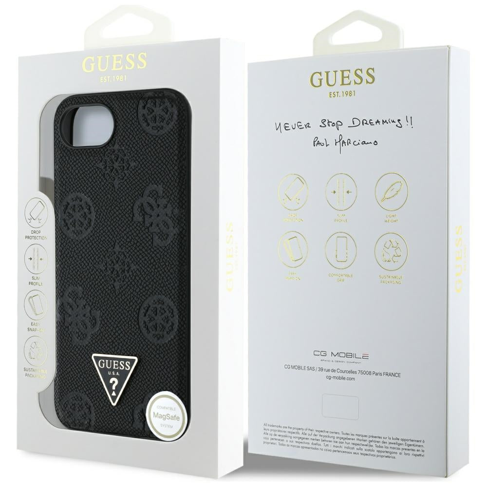 Pouzdro MagSafe pro Apple iPhone 17e / 16e, Guess, Peony Grained Hot Stamp Triangle, Černá