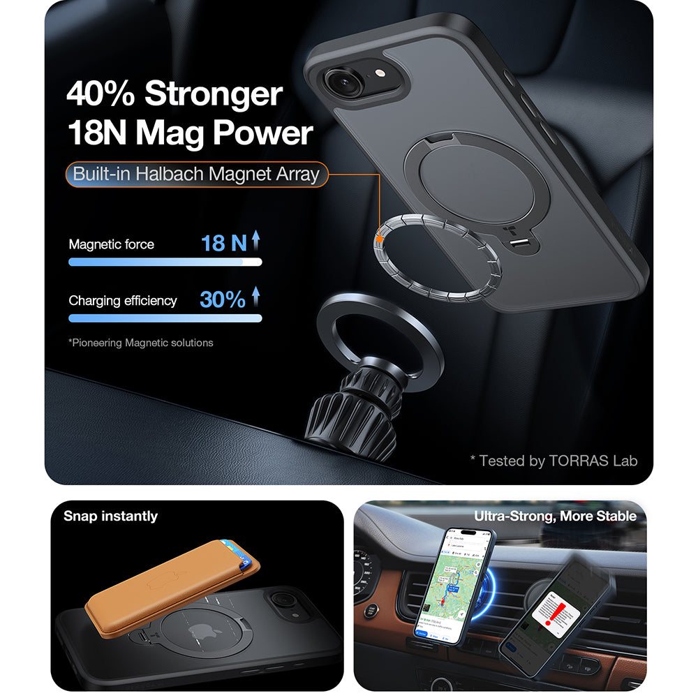 Pouzdro MagSafe pro Apple iPhone 17e / 16e, Torras, Ostand Spin, Černá