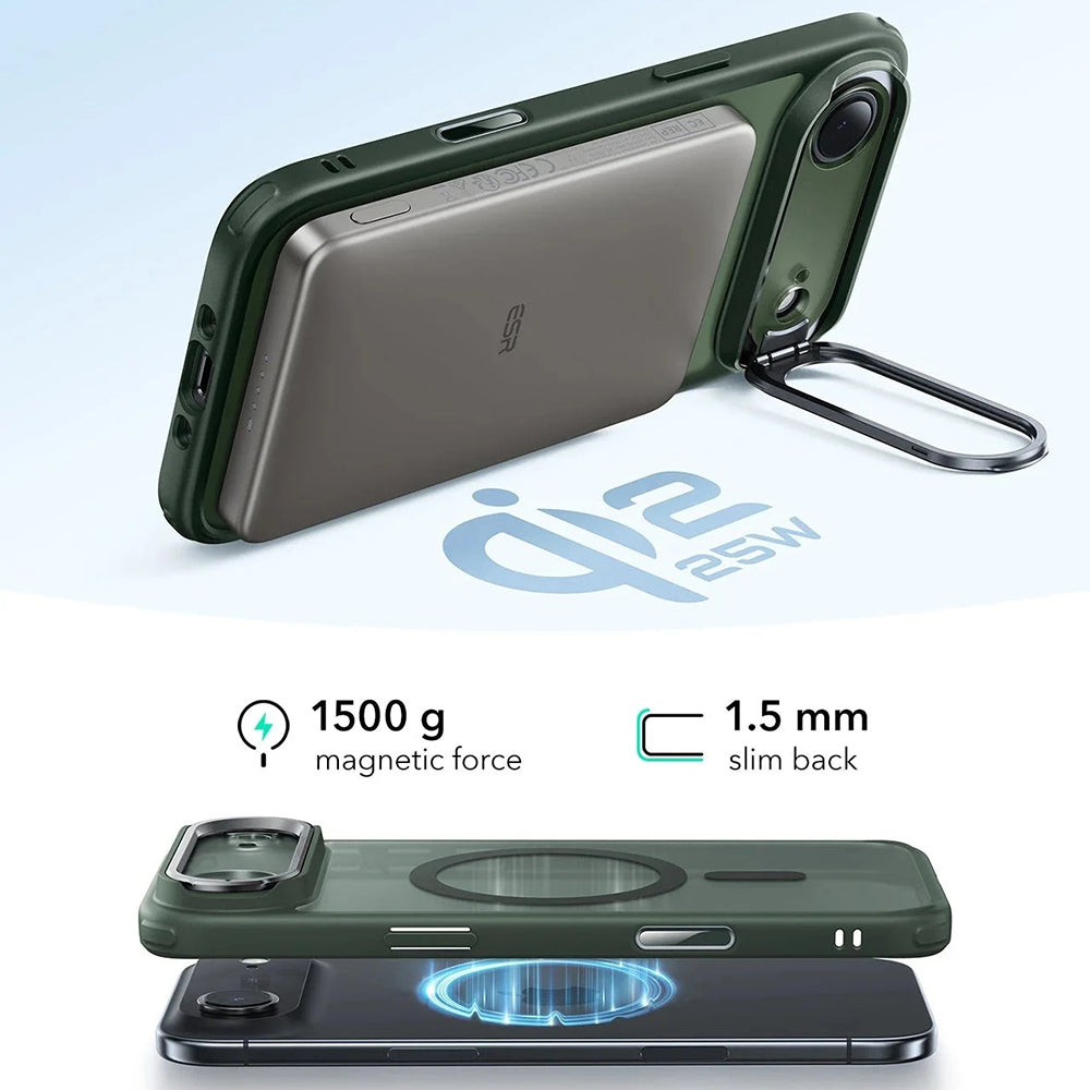 Pouzdro MagSafe pro Apple iPhone 17 Air, ESR, Classic Hybrid Kickstand, Saténově zelená