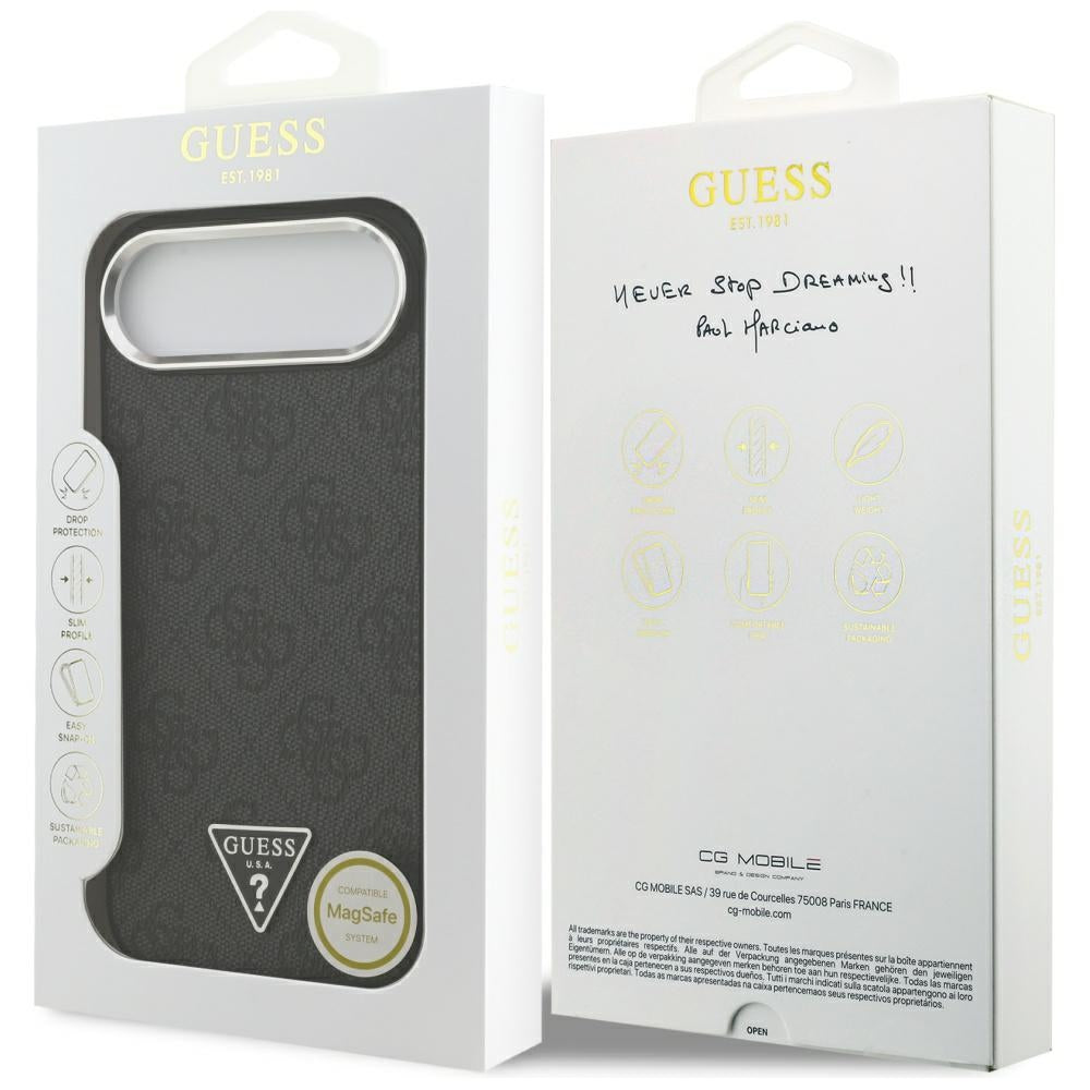 Pouzdro MagSafe pro Apple iPhone 17 Air, Guess, 4G Triangle Logo, Černé Stříbrné