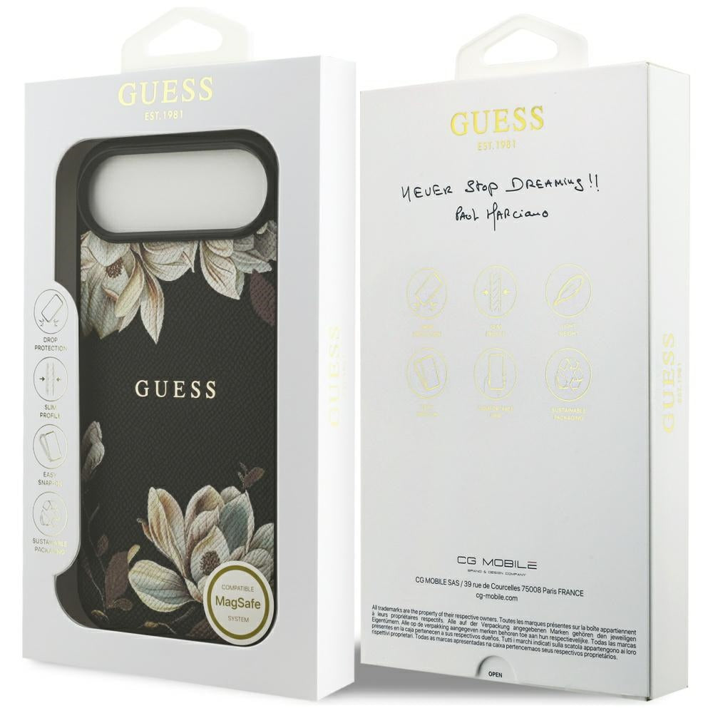 Pouzdro MagSafe pro Apple iPhone 17 Air, Guess, Grained Flowers, Černá