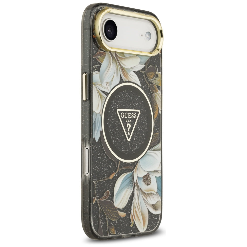 Pouzdro MagSafe pro Apple iPhone 17 Air, Guess, IML Metal Glitter Flowers Triangle, Černá