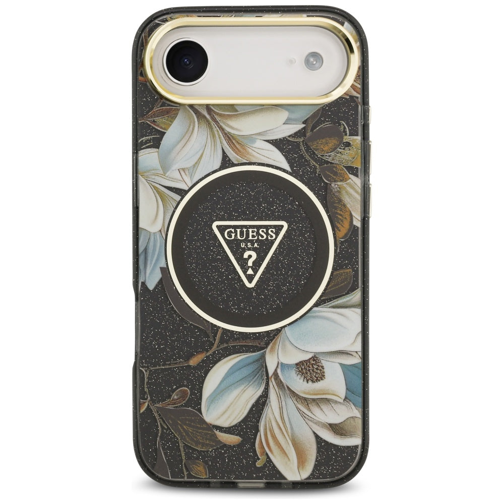 Pouzdro MagSafe pro Apple iPhone 17 Air, Guess, IML Metal Glitter Flowers Triangle, Černá