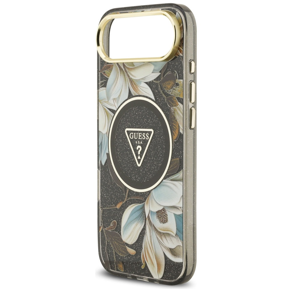 Pouzdro MagSafe pro Apple iPhone 17 Air, Guess, IML Metal Glitter Flowers Triangle, Černá