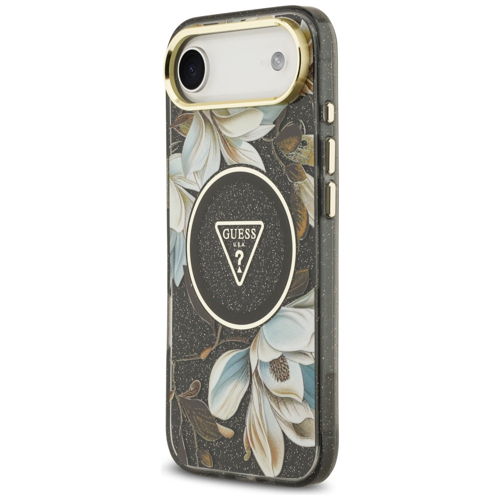 Pouzdro MagSafe pro Apple iPhone 17 Air, Guess, IML Metal Glitter Flowers Triangle, Černá