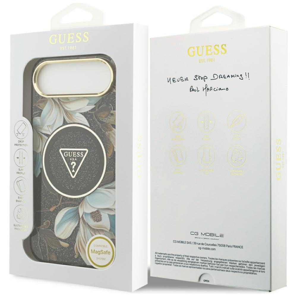 Pouzdro MagSafe pro Apple iPhone 17 Air, Guess, IML Metal Glitter Flowers Triangle, Černá