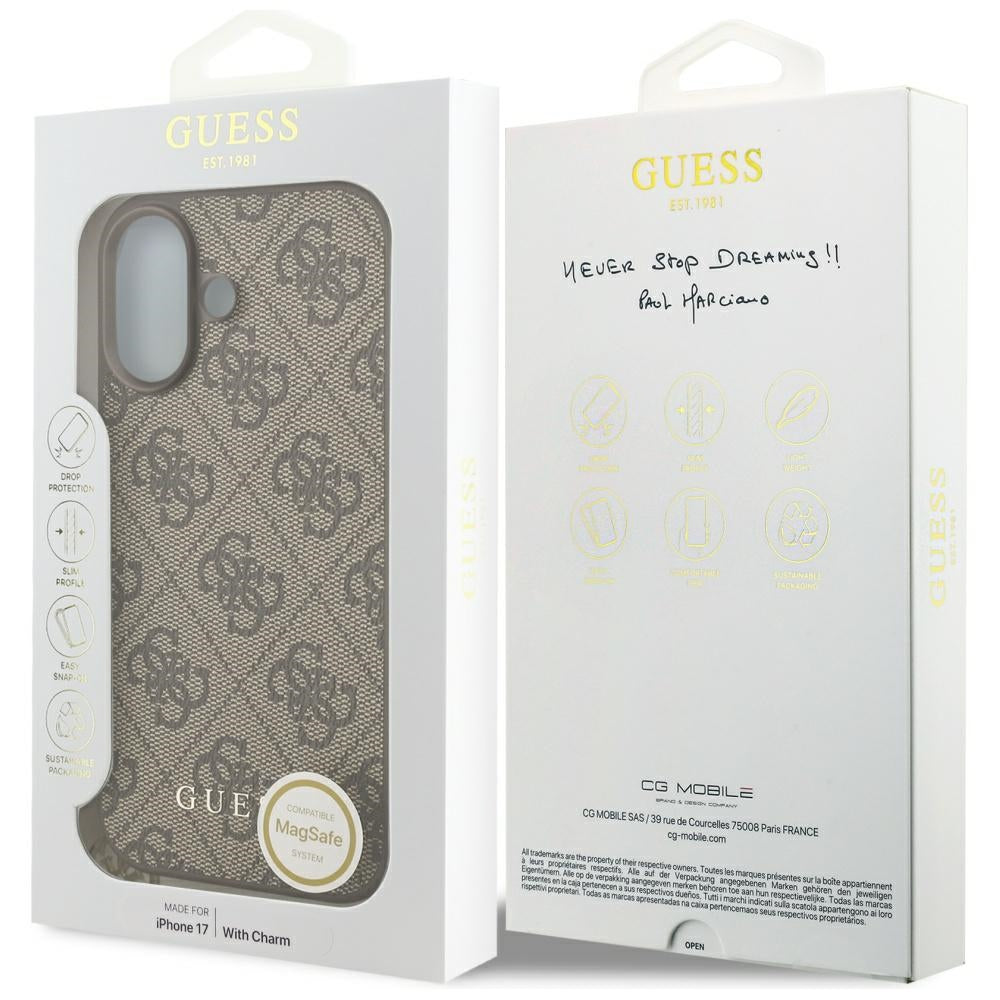 Pouzdro MagSafe pro Apple iPhone 17, Guess, 4G Charm Cradle, hnědé