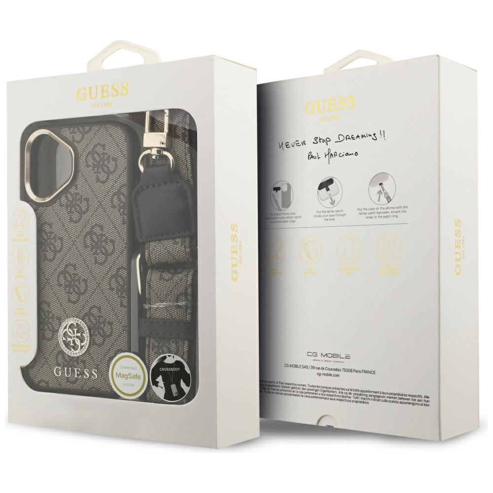 Pouzdro MagSafe pro Apple iPhone 17, Guess, 4G Strass Logo s velkým popruhem, hnědé