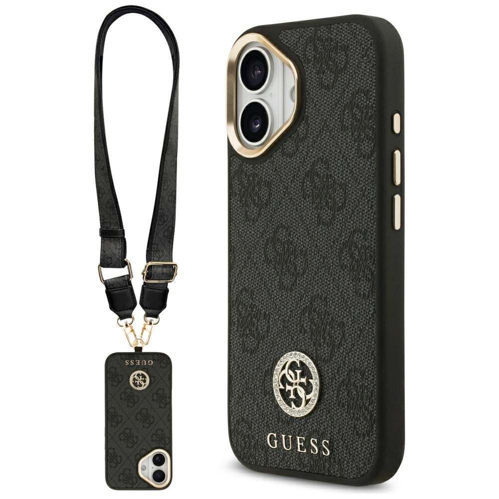 Pouzdro MagSafe pro Apple iPhone 17, Guess, 4G Strass Logo with Big Strap, Černá