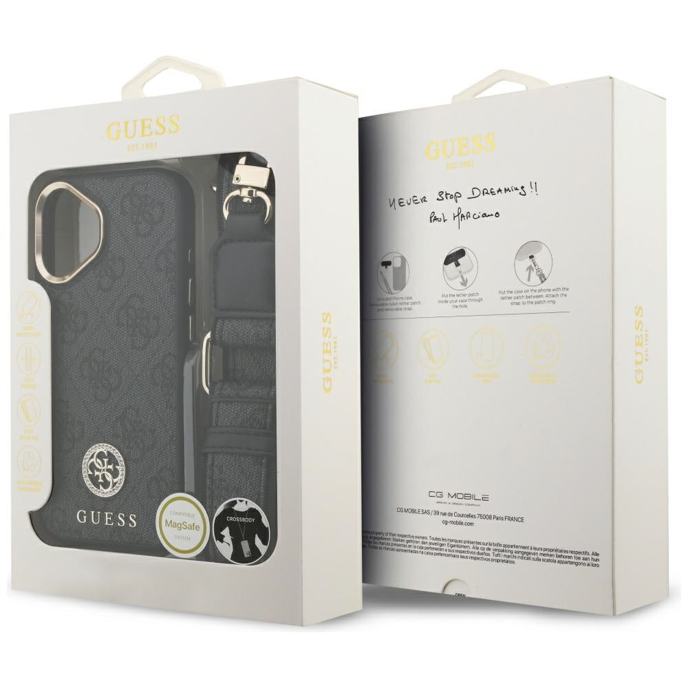 Pouzdro MagSafe pro Apple iPhone 17, Guess, 4G Strass Logo with Big Strap, Černá