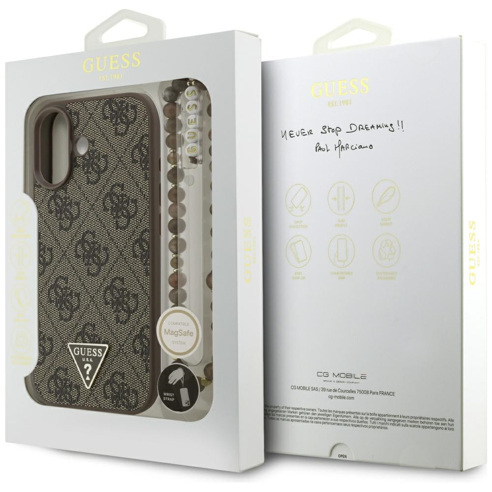 Pouzdro MagSafe pro Apple iPhone 17, Guess, 4G Triangle Logo Cord Strap, hnědá