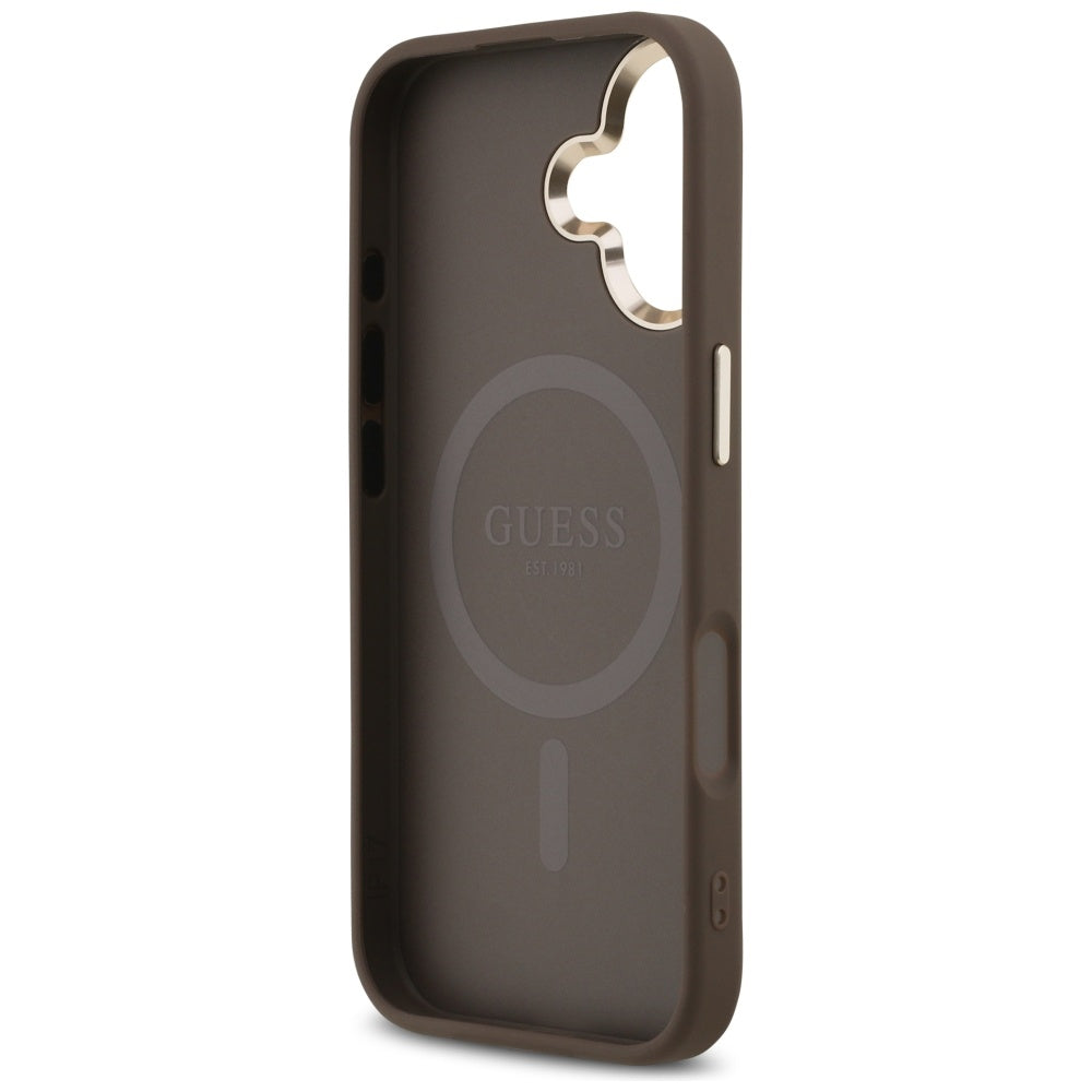 Pouzdro MagSafe pro Apple iPhone 17, Guess, 4G Triangle Logo, Zlatohnědá