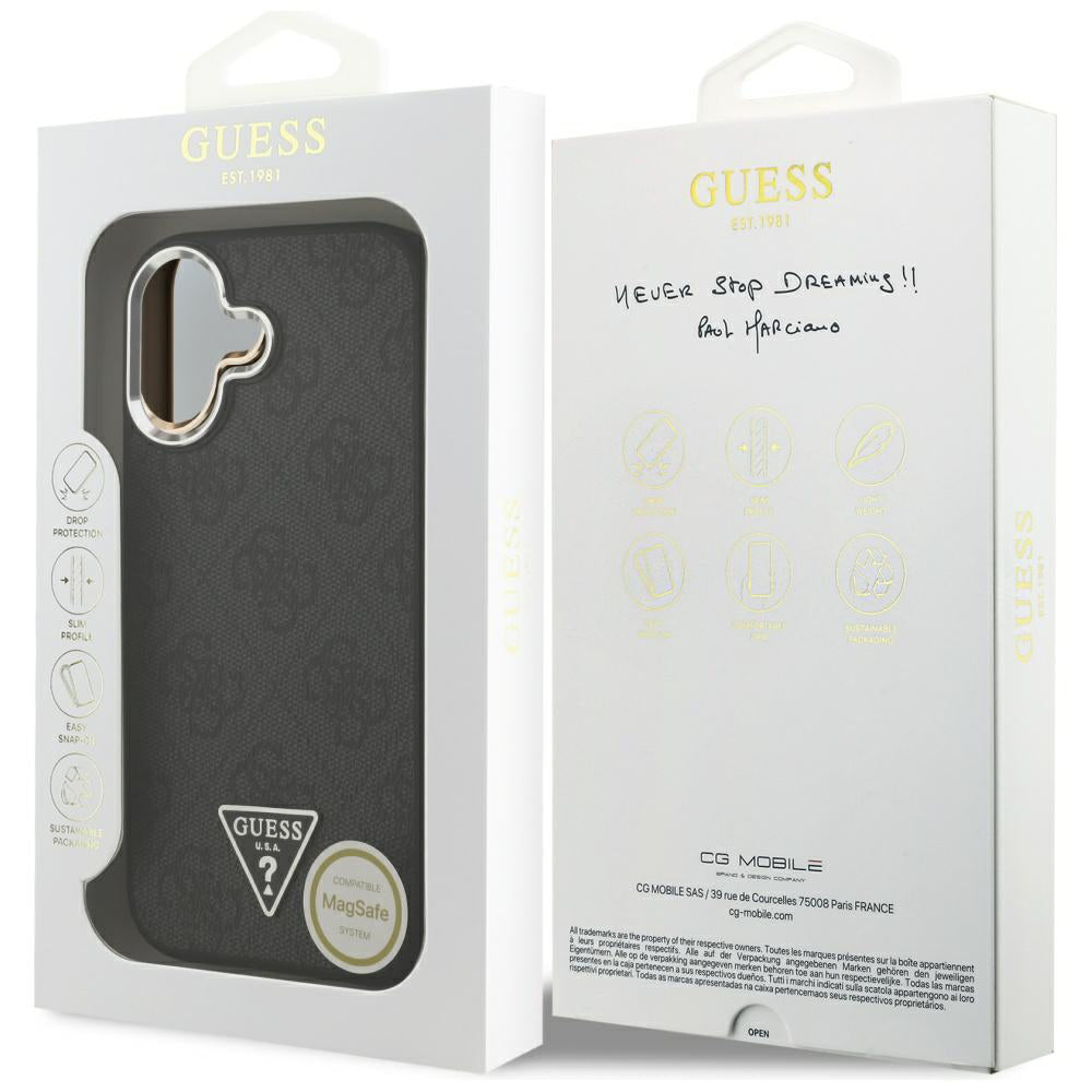 Pouzdro MagSafe pro Apple iPhone 17, Guess, 4G Triangle Logo, Černé Stříbrné