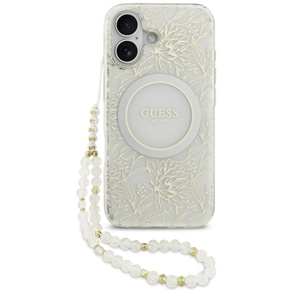 Pouzdro MagSafe pro Apple iPhone 17, Guess, IML Flowers with Pearl Strap, Bílá