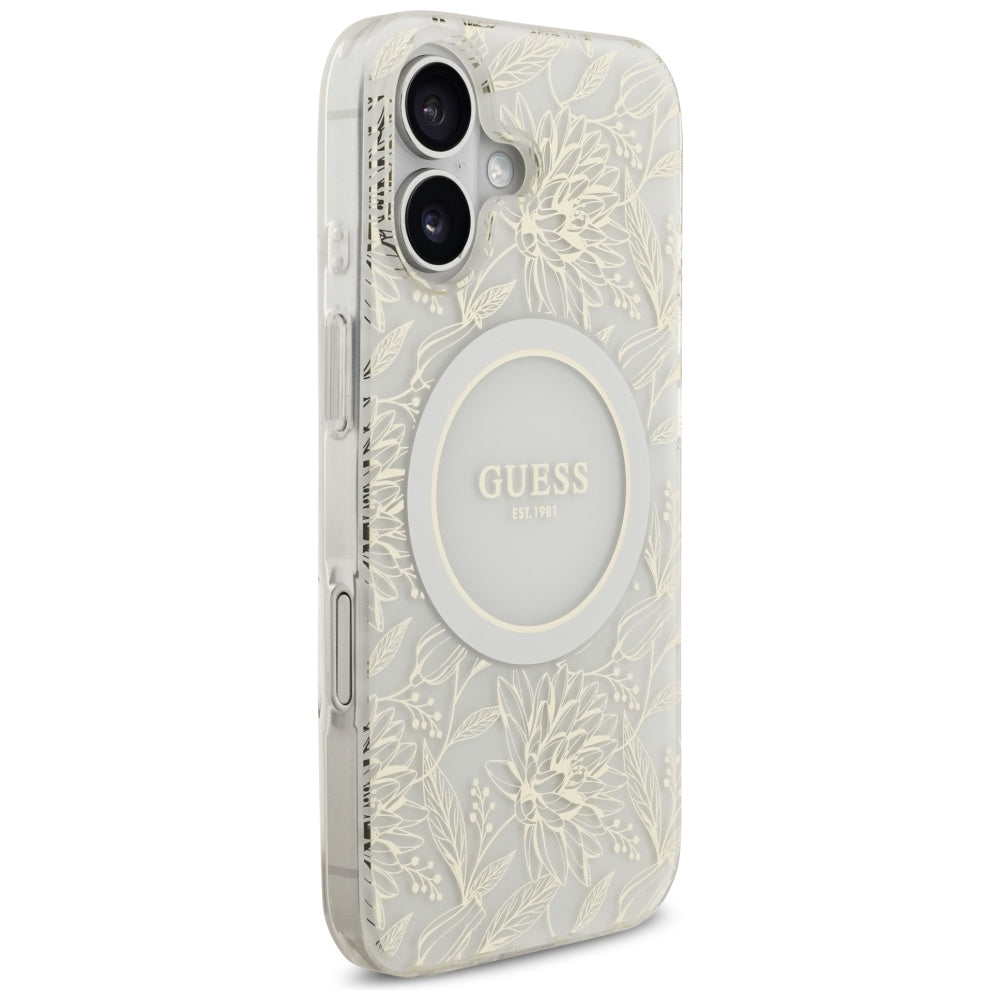 Pouzdro MagSafe pro Apple iPhone 17, Guess, IML Flowers with Pearl Strap, Bílá