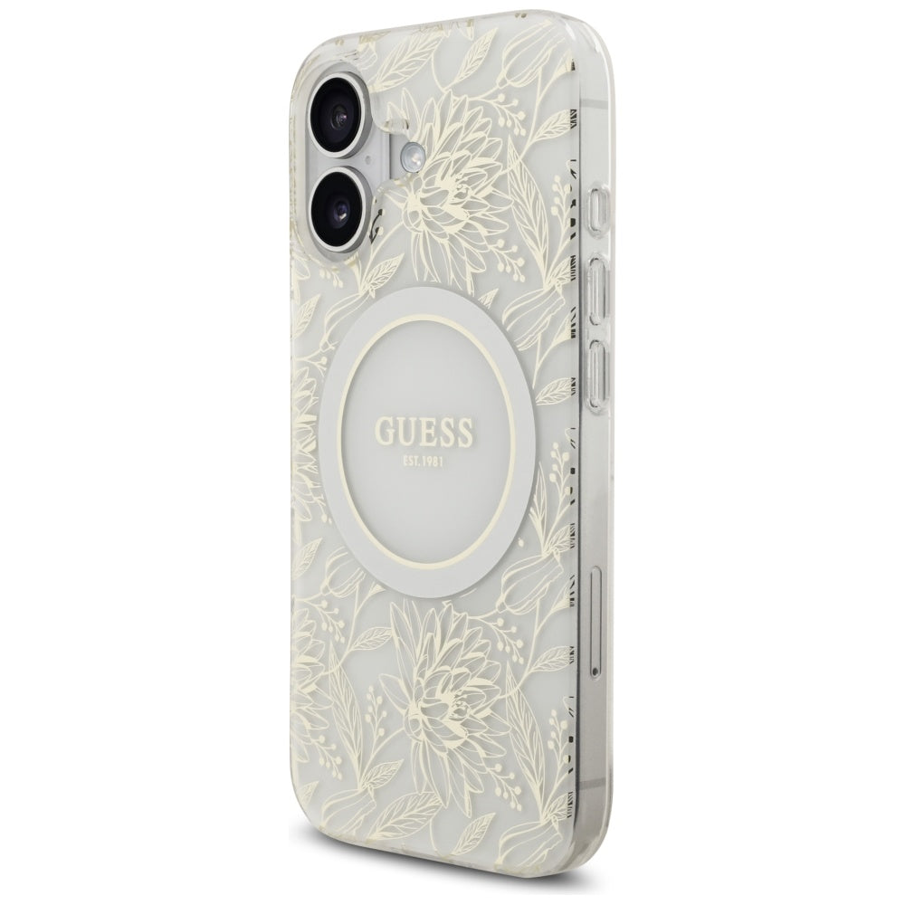 Pouzdro MagSafe pro Apple iPhone 17, Guess, IML Flowers with Pearl Strap, Bílá