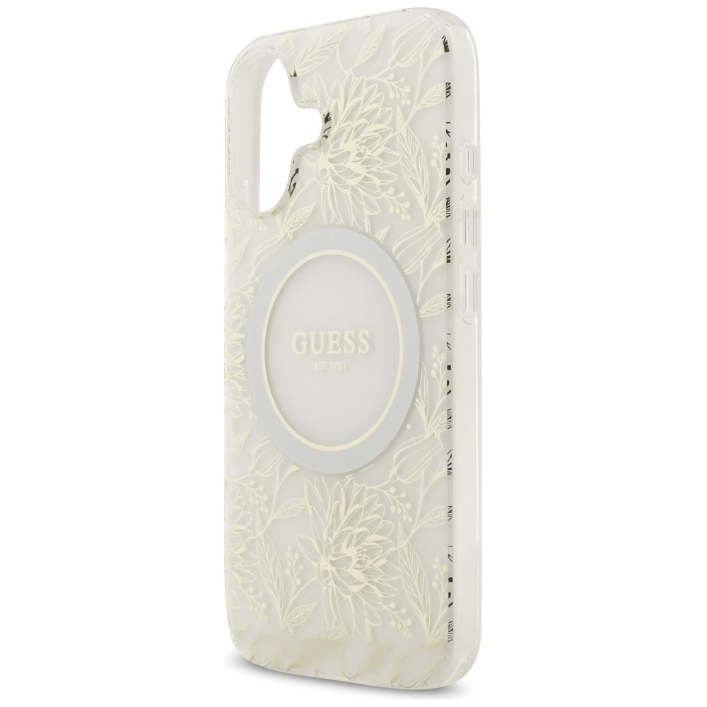Pouzdro MagSafe pro Apple iPhone 17, Guess, IML Flowers with Pearl Strap, Bílá