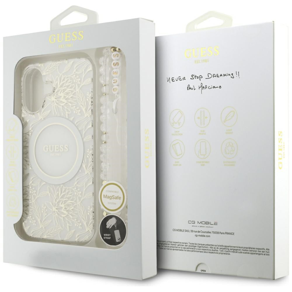 Pouzdro MagSafe pro Apple iPhone 17, Guess, IML Flowers with Pearl Strap, Bílá