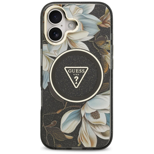 Pouzdro MagSafe pro Apple iPhone 17, Guess, IML Metal Glitter Flowers Triangle, Černá