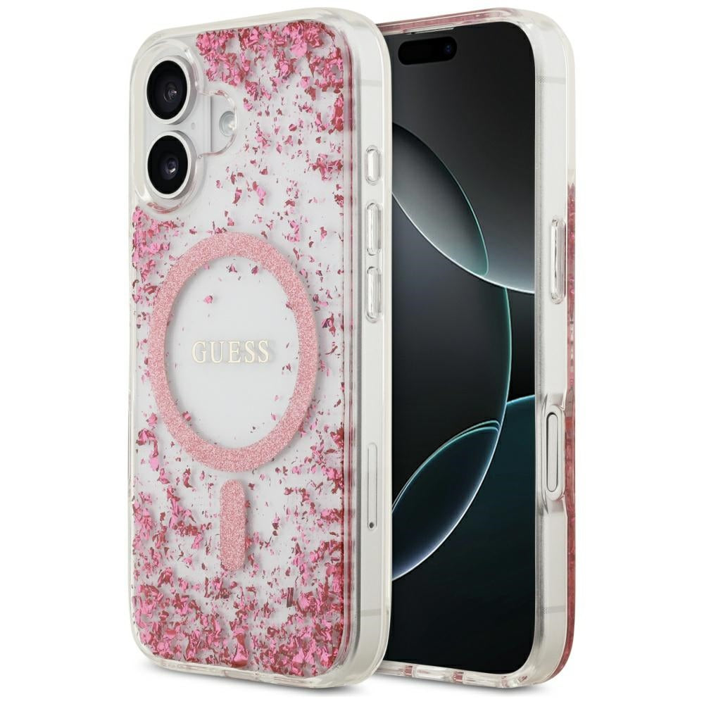Pouzdro MagSafe pro Apple iPhone 17, Guess, Resin Bottom Glitter, Růžové
