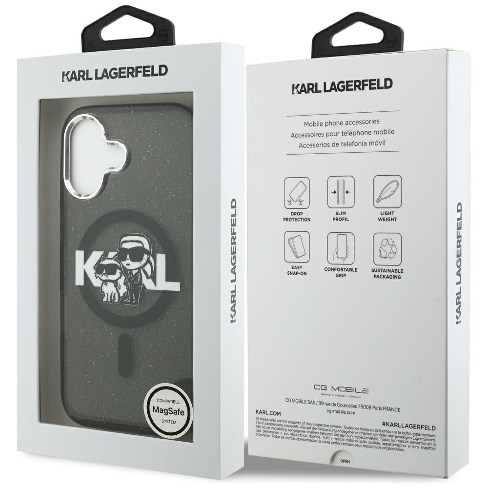 Pouzdro MagSafe pro Apple iPhone 17, Karl Lagerfeld, IML Sketch Logo Glitter Karl & Choupette, Černá