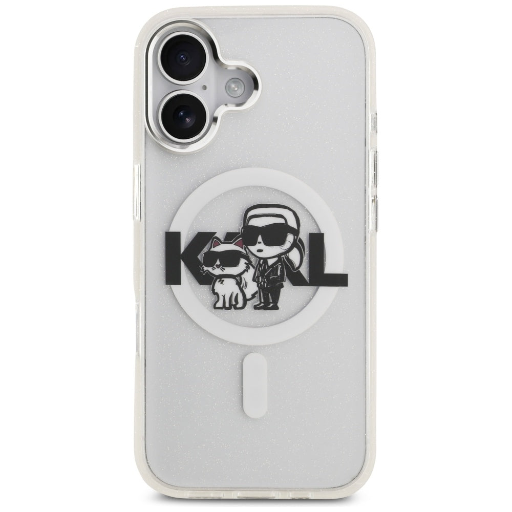 Pouzdro MagSafe pro Apple iPhone 17, Karl Lagerfeld, IML Sketch Logo Glitter Karl & Choupette, Průhledné
