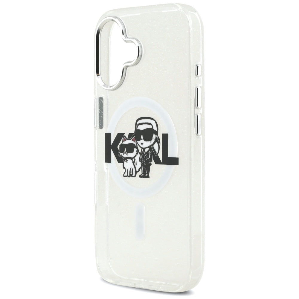 Pouzdro MagSafe pro Apple iPhone 17, Karl Lagerfeld, IML Sketch Logo Glitter Karl & Choupette, Průhledné