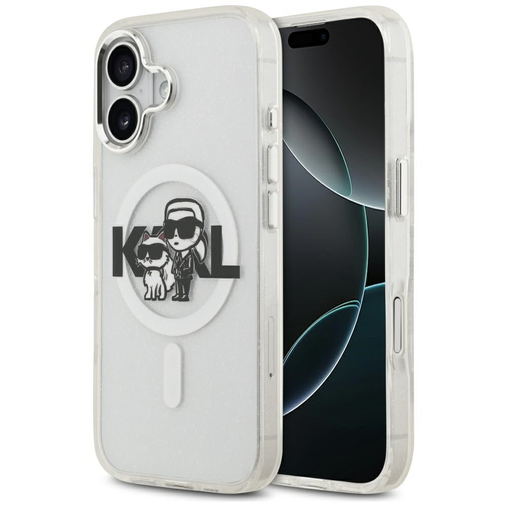 Pouzdro MagSafe pro Apple iPhone 17, Karl Lagerfeld, IML Sketch Logo Glitter Karl & Choupette, Průhledné