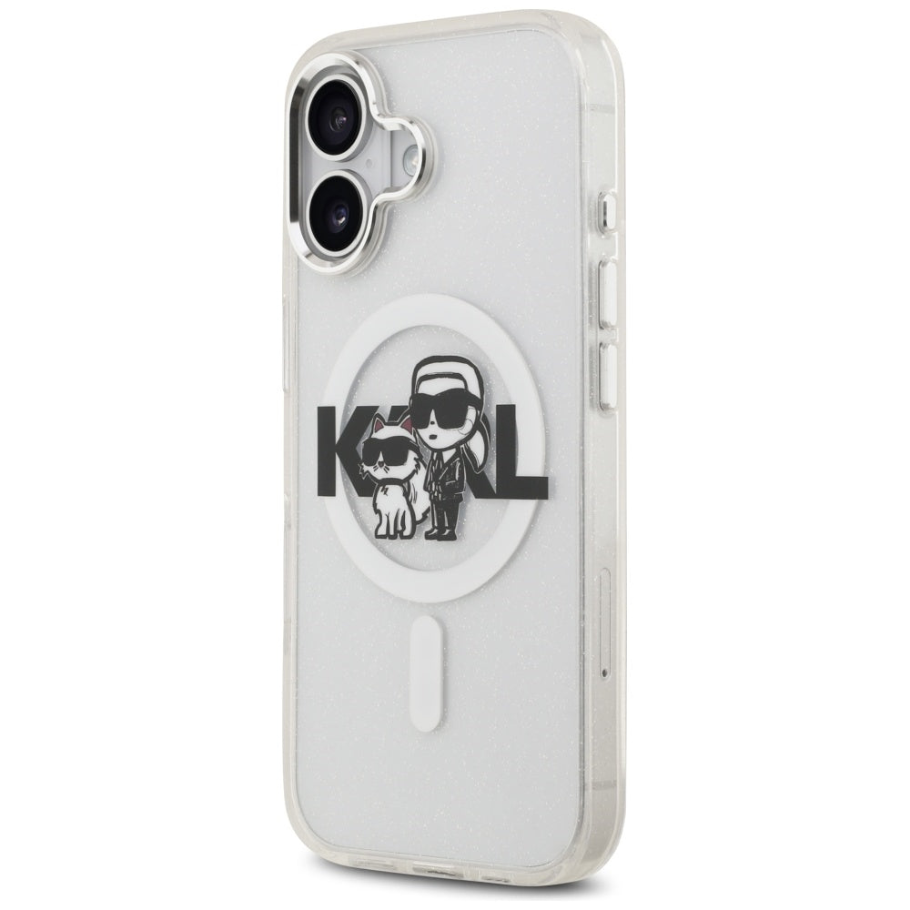 Pouzdro MagSafe pro Apple iPhone 17, Karl Lagerfeld, IML Sketch Logo Glitter Karl & Choupette, Průhledné