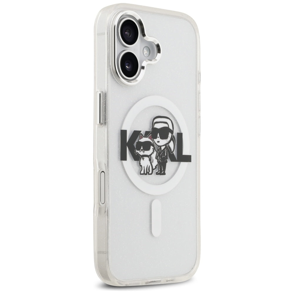 Pouzdro MagSafe pro Apple iPhone 17, Karl Lagerfeld, IML Sketch Logo Glitter Karl & Choupette, Průhledné