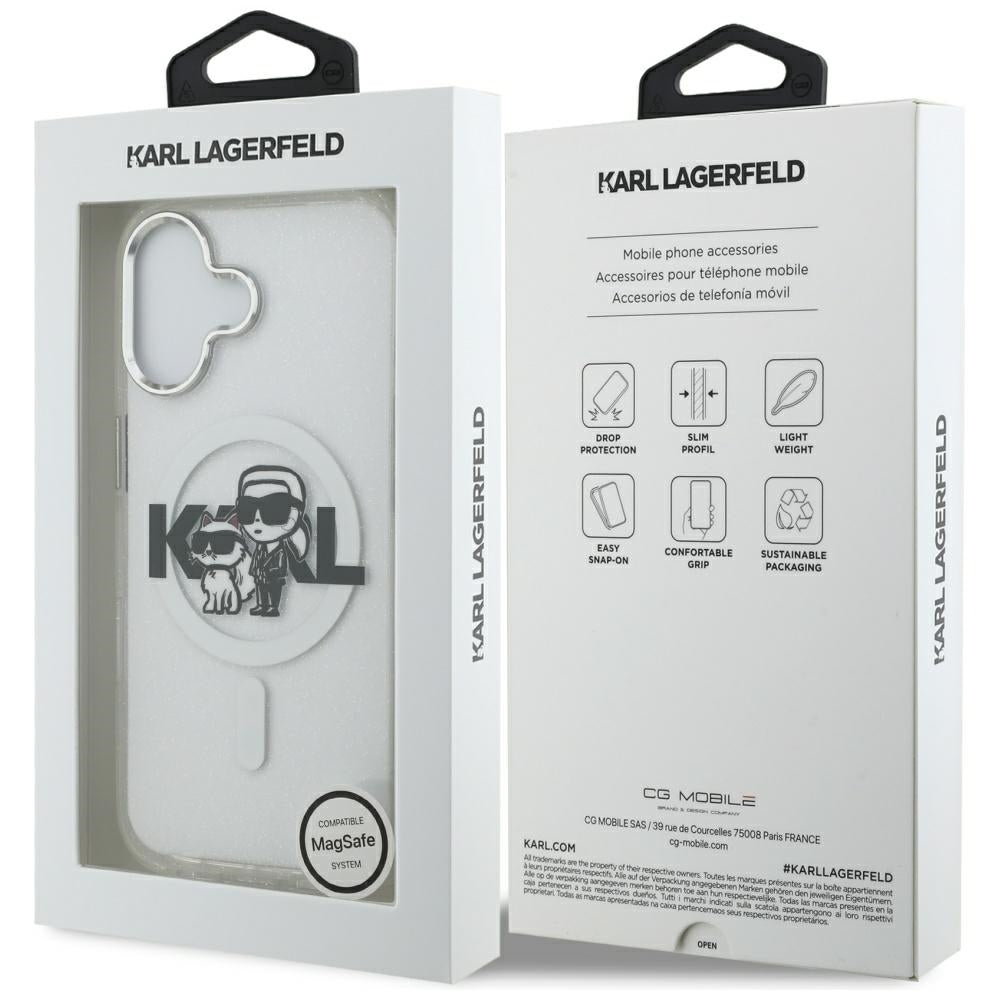 Pouzdro MagSafe pro Apple iPhone 17, Karl Lagerfeld, IML Sketch Logo Glitter Karl & Choupette, Průhledné