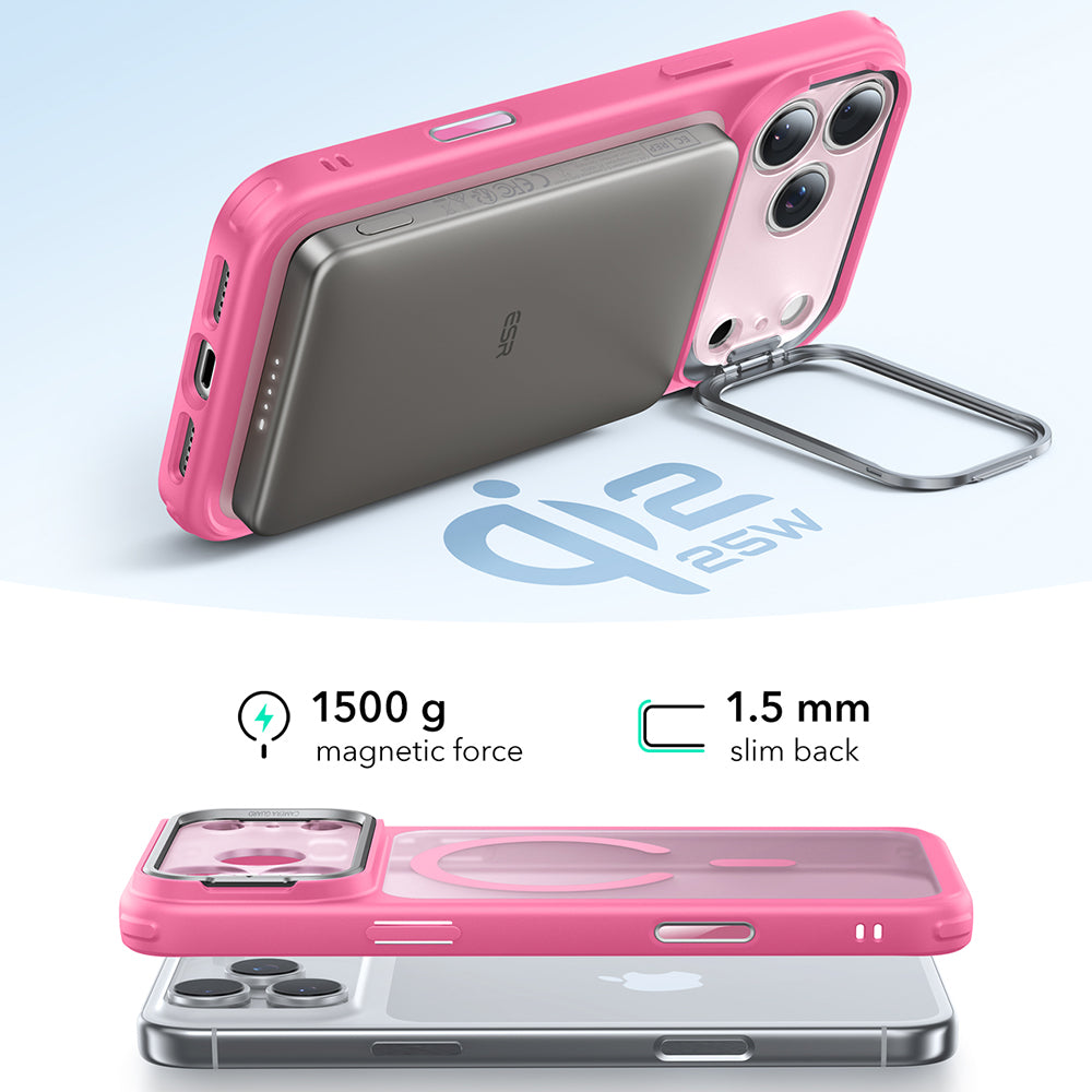 Pouzdro MagSafe pro Apple iPhone 17 Pro, ESR, Classic Hybrid Kickstand, Saténově růžové