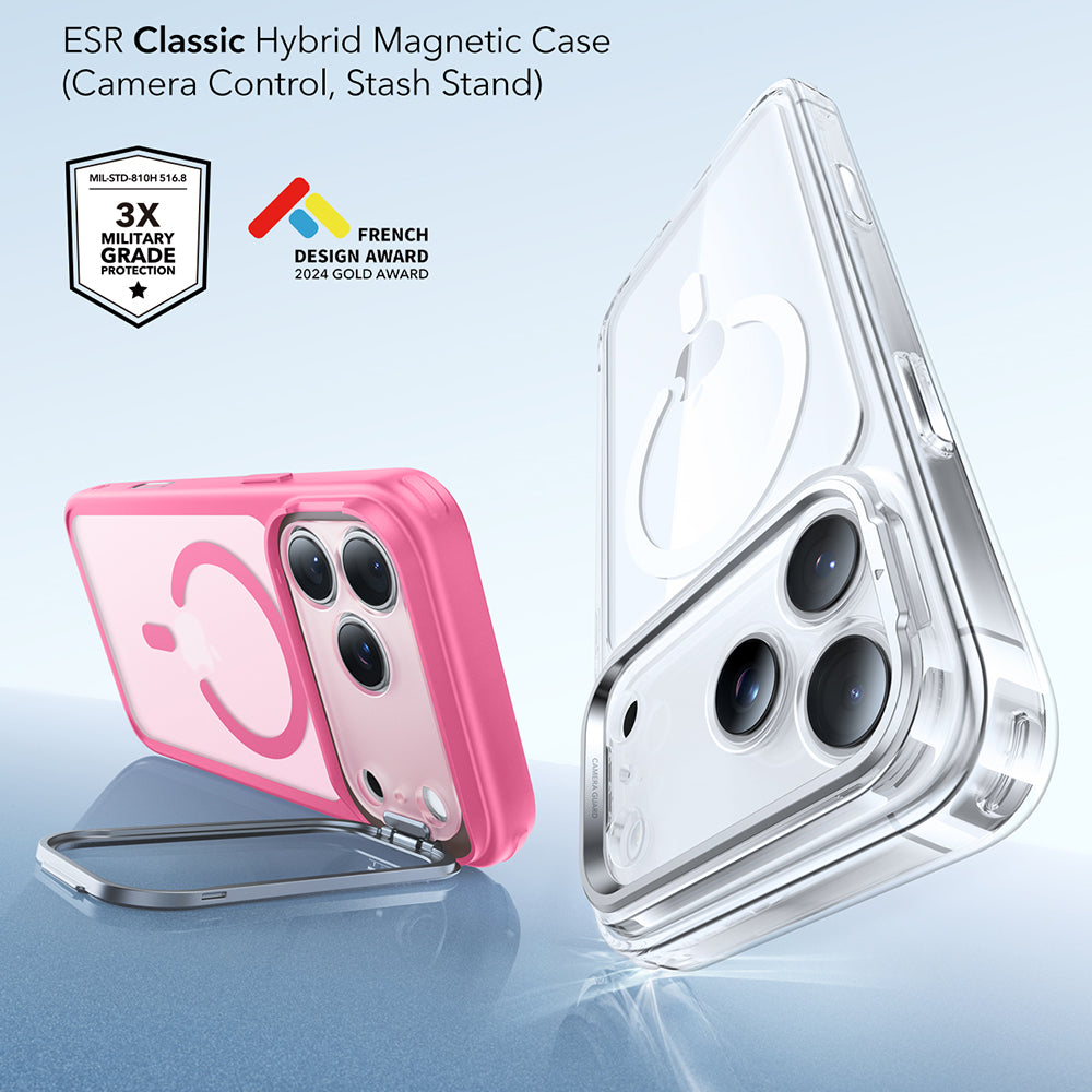 Pouzdro MagSafe pro Apple iPhone 17 Pro, ESR, Classic Hybrid Kickstand, Saténově růžové