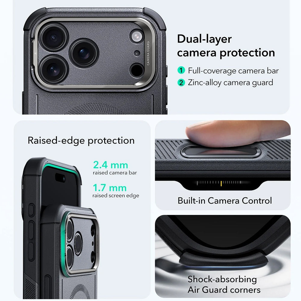 Pouzdro MagSafe pro Apple iPhone 17 Pro, ESR, Cyber Armor Kickstand, Šedé