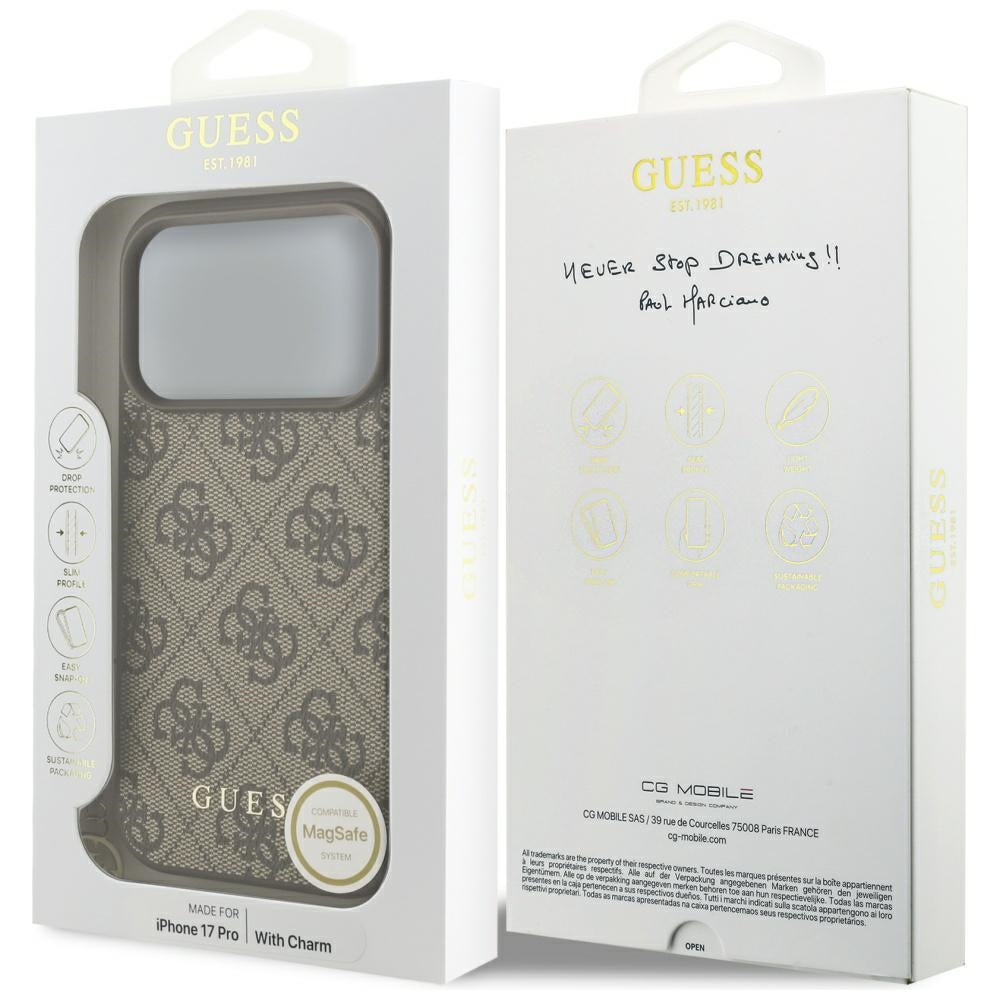 Pouzdro MagSafe pro Apple iPhone 17 Pro, Guess, 4G Charm Cradle, hnědá