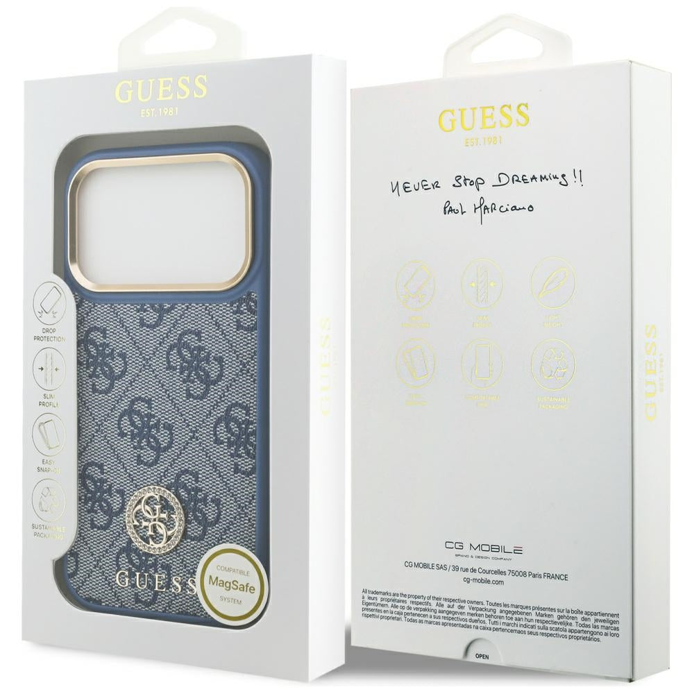 Pouzdro MagSafe pro Apple iPhone 17 Pro, Guess, 4G Strass Logo, Modrá