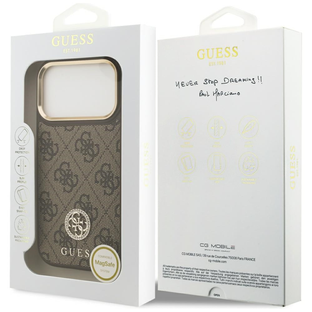 Pouzdro MagSafe pro Apple iPhone 17 Pro, Guess, 4G Strass Logo, Hnědá