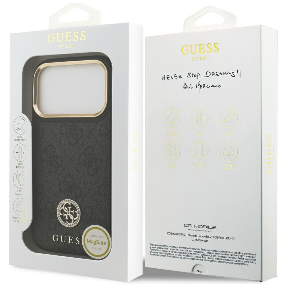 Pouzdro MagSafe pro Apple iPhone 17 Pro, Guess, 4G Strass Logo, Černá