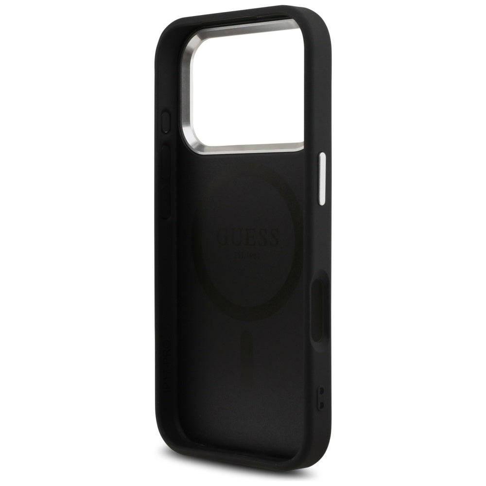 Pouzdro MagSafe pro Apple iPhone 17 Pro, Guess, 4G Triangle Logo, Černé Stříbrné